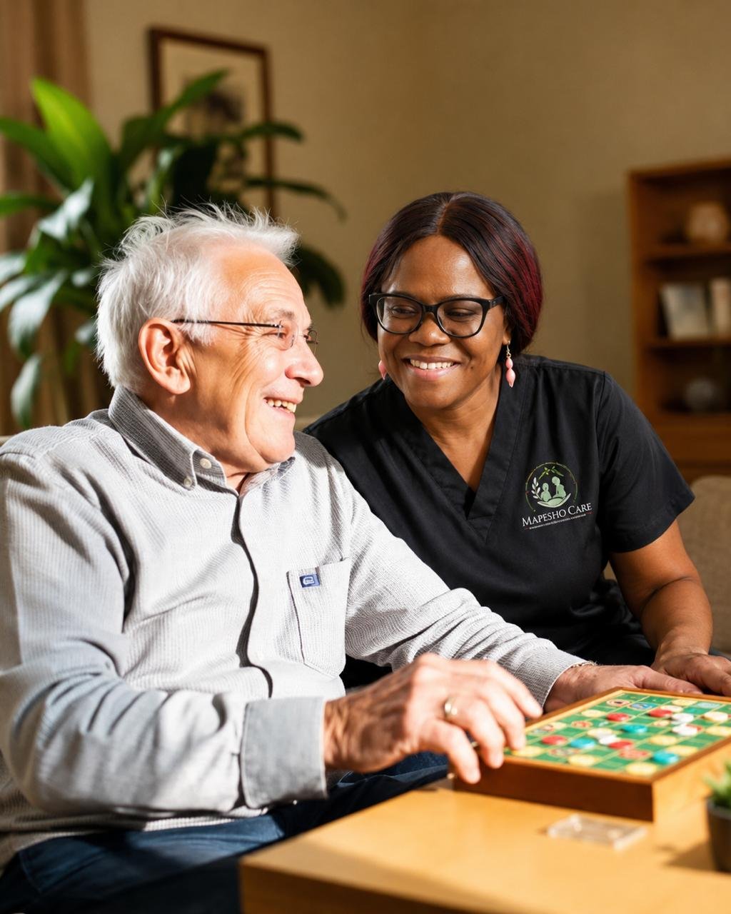 Mapesho caregiver and a senior enjoying a board game together