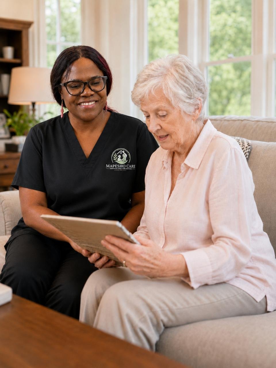 Mapesho caregiver helping a senior use a tablet