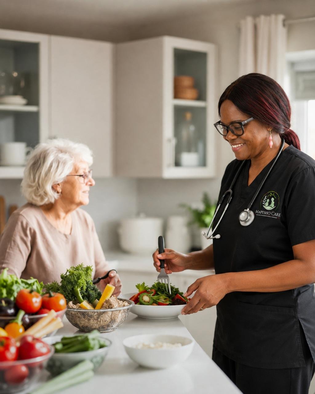 Mapesho caregiver preparing a healthy meal with a senior