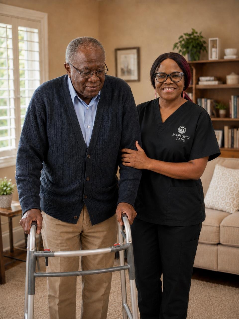 Mapesho caregiver supporting a senior with safe mobility