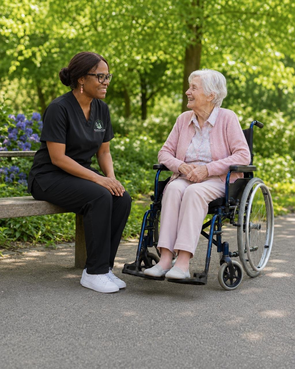Mapesho caregiver sharing a happy outdoor moment with a senior
